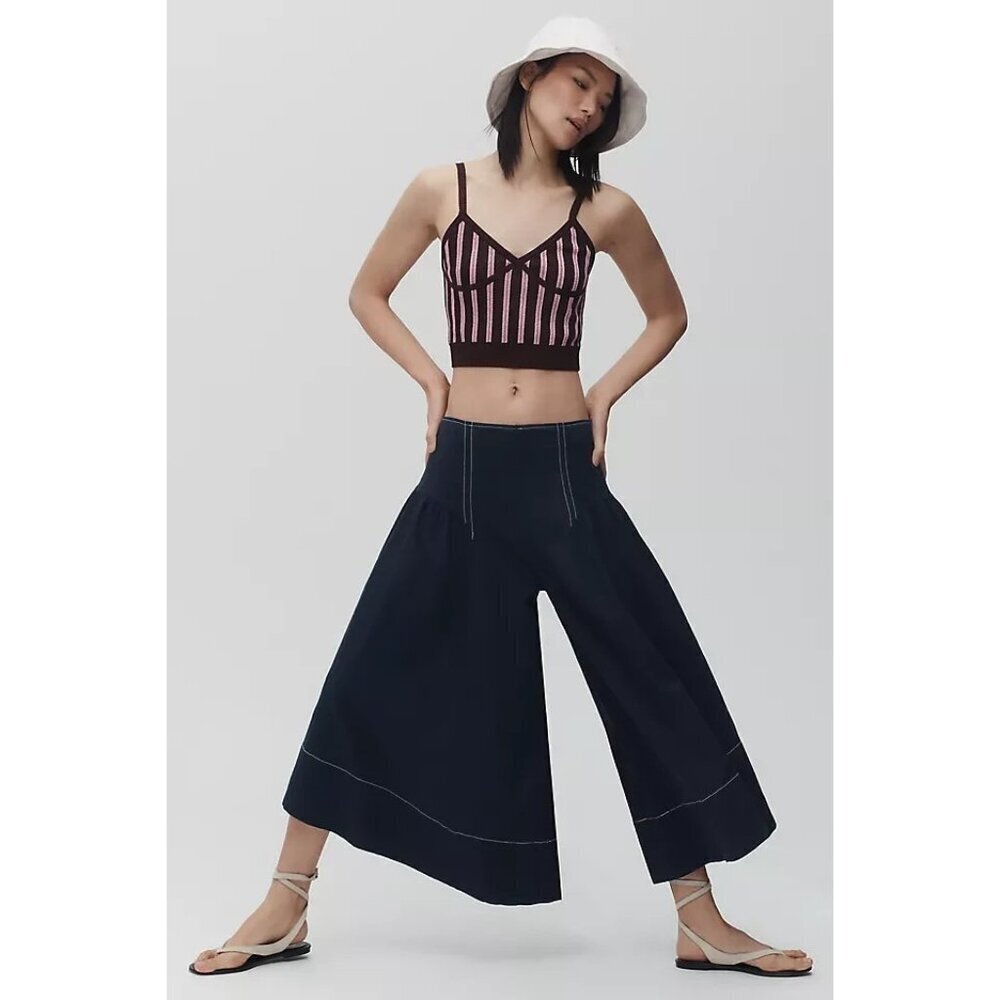 By Anthropologie Linen Extended Waist Wide Leg Pants NAVY 10 - Picture 3 of 3